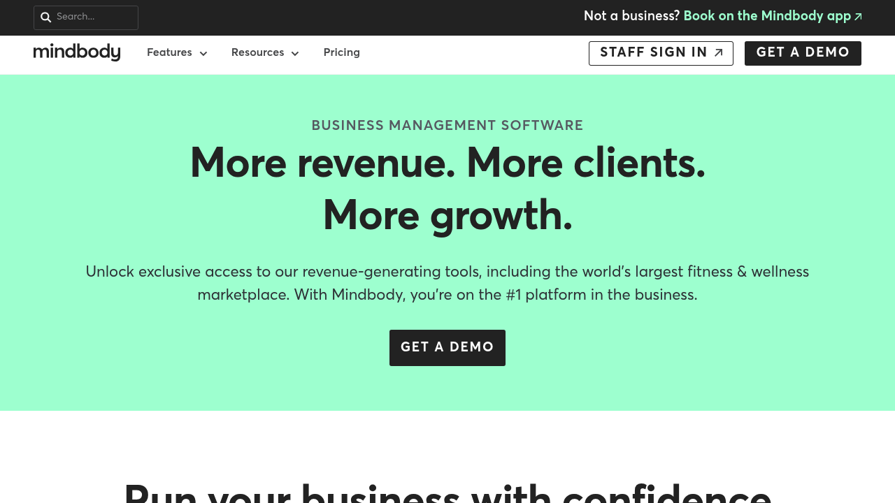 Mindbody homepage showing business management software for fitness and wellness businesses