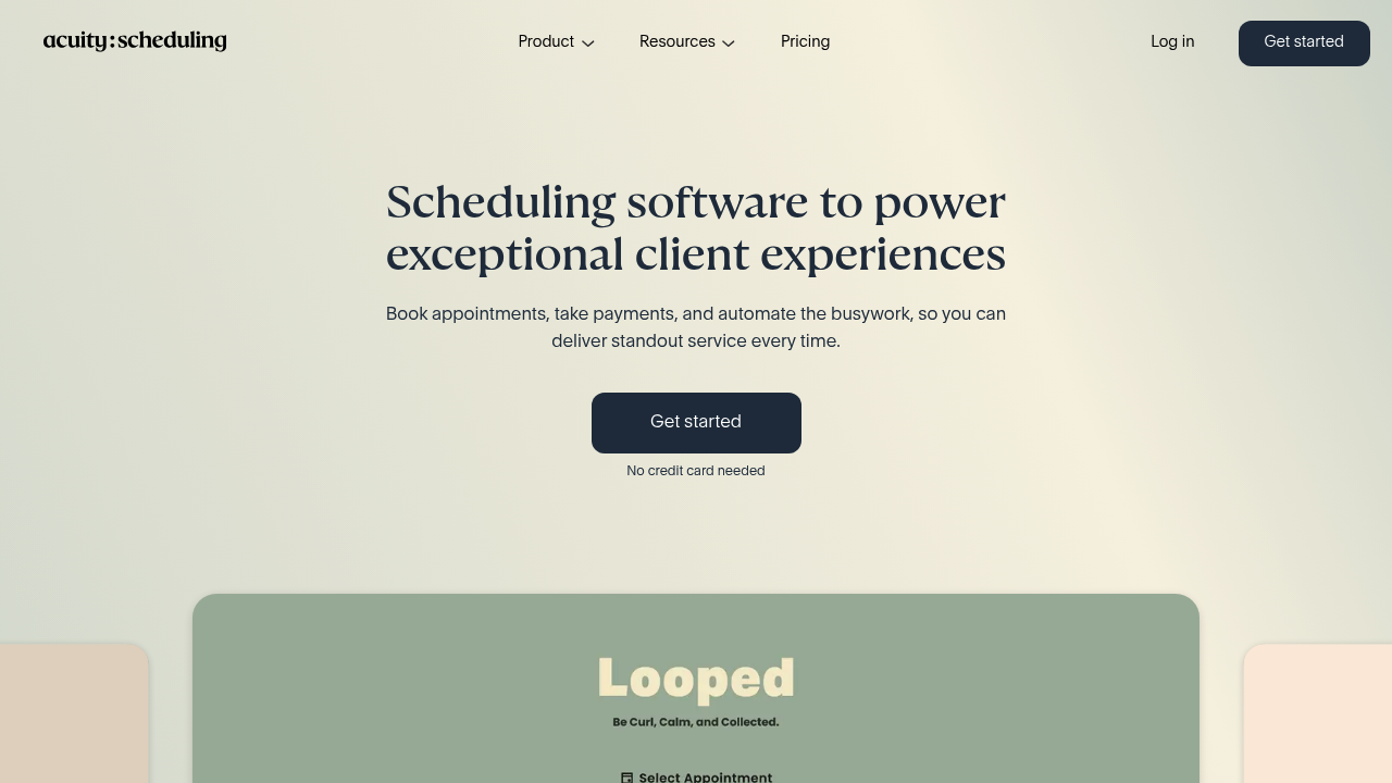 Acuity Scheduling homepage showing appointment scheduling software messaging
