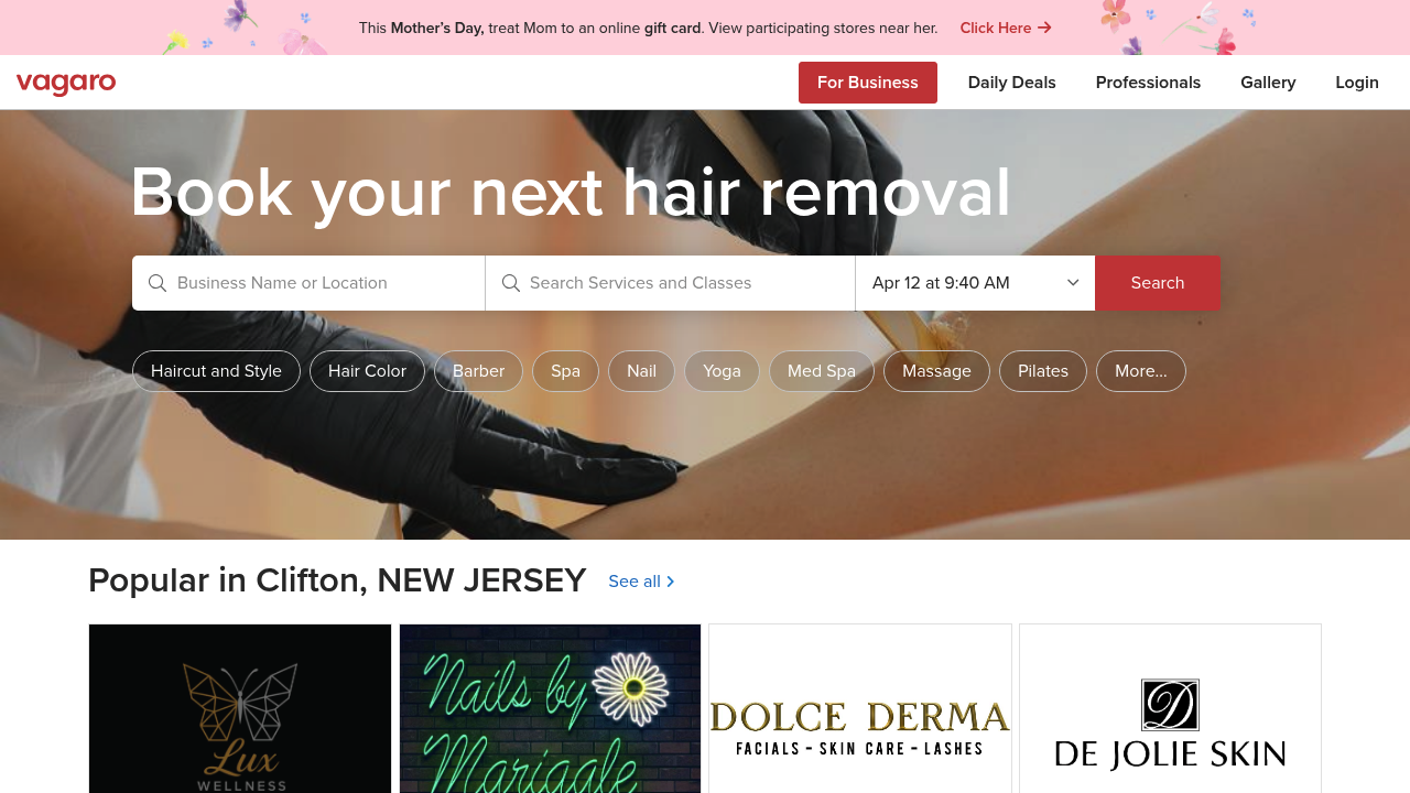 Vagaro homepage showing salon and fitness scheduling and payments platform messaging