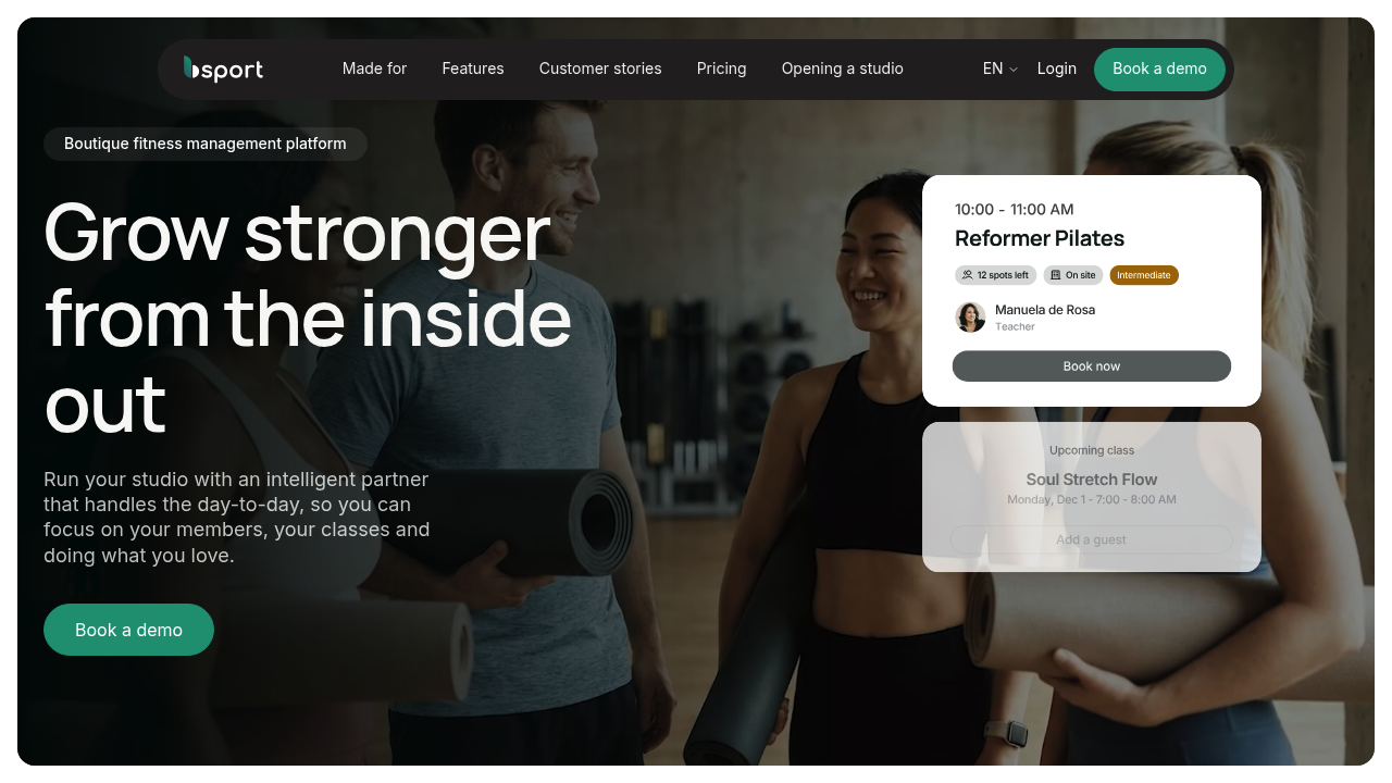 bsport homepage showing premium boutique studio management platform messaging