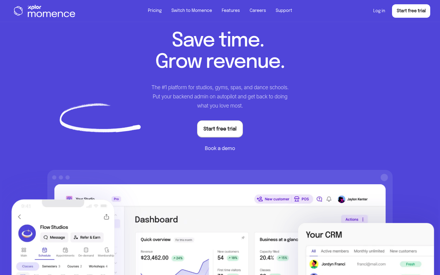 Momence website homepage showing booking, memberships, and engagement tools