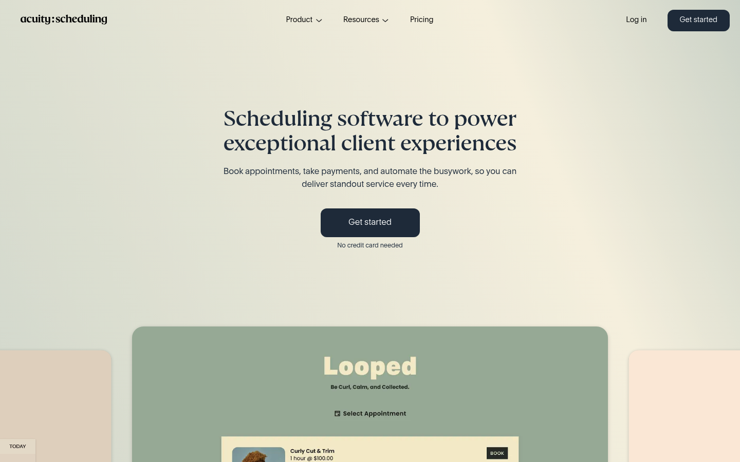 Acuity Scheduling website homepage showing online appointment scheduling software