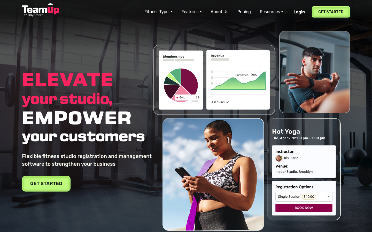 TeamUp website homepage showing gym and studio management software