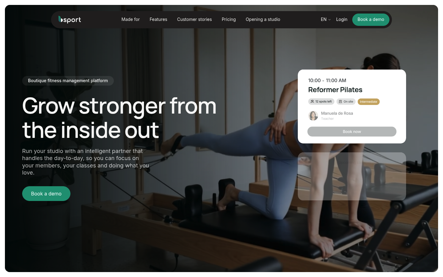 bsport website homepage showing boutique fitness and wellness management platform
