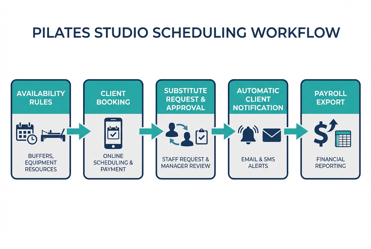 Diagram of Pilates studio scheduling workflow from availability rules to bookings, substitute approvals, client notifications, and payroll export