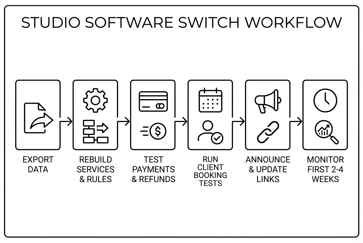 Flowchart illustrating a studio scheduler migration process from export to post-launch monitoring