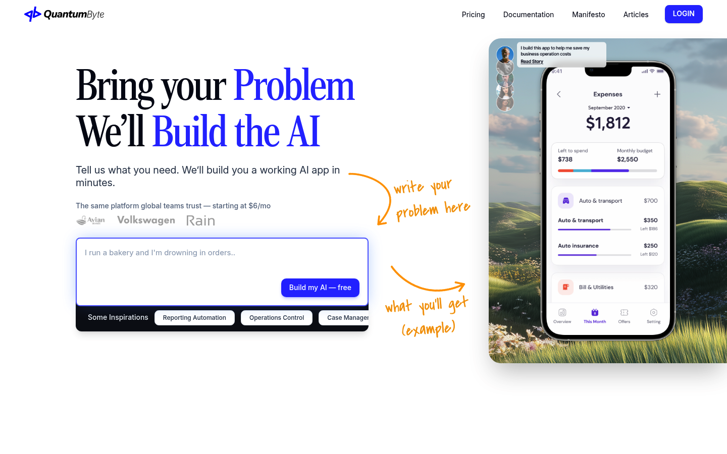Screenshot of the Quantum Byte website homepage describing the AI app builder platform