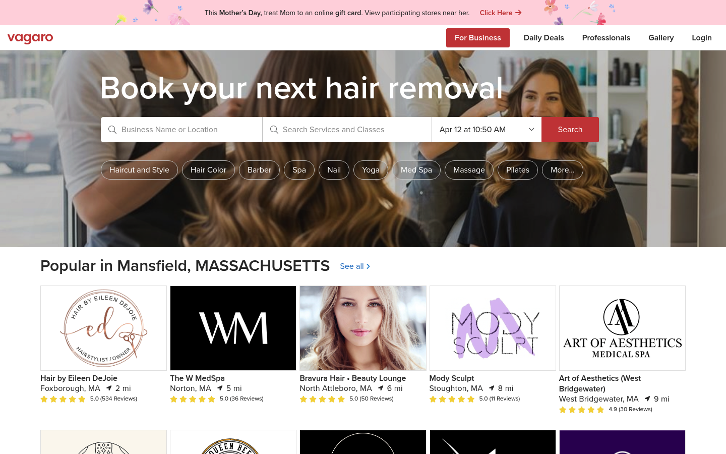 Screenshot of the Vagaro website homepage showing salon and wellness business software navigation