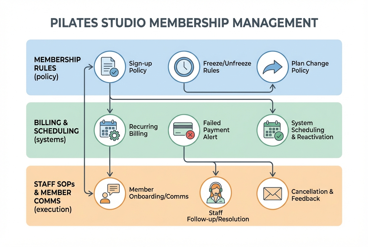 Diagram showing a three-layer pilates studio membership management setup (policy, systems, execution) and the core lifecycle events (sign-up, recurring billing, failed payment, freeze, plan change, cancellation, reactivation)