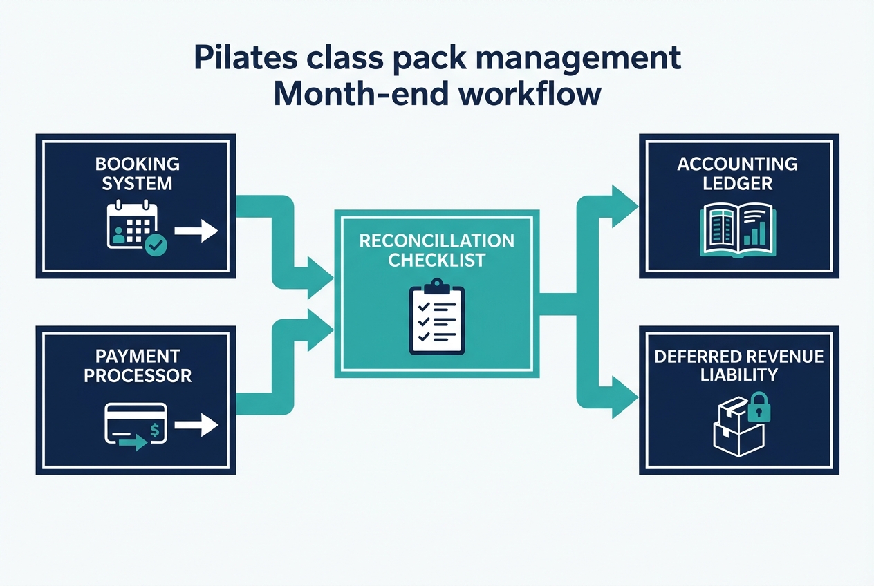 Infographic of a month-end Pilates class pack workflow showing booking system and payment processor inputs flowing into reconciliation steps and then into accounting ledger entries for deferred revenue and recognized class revenue
