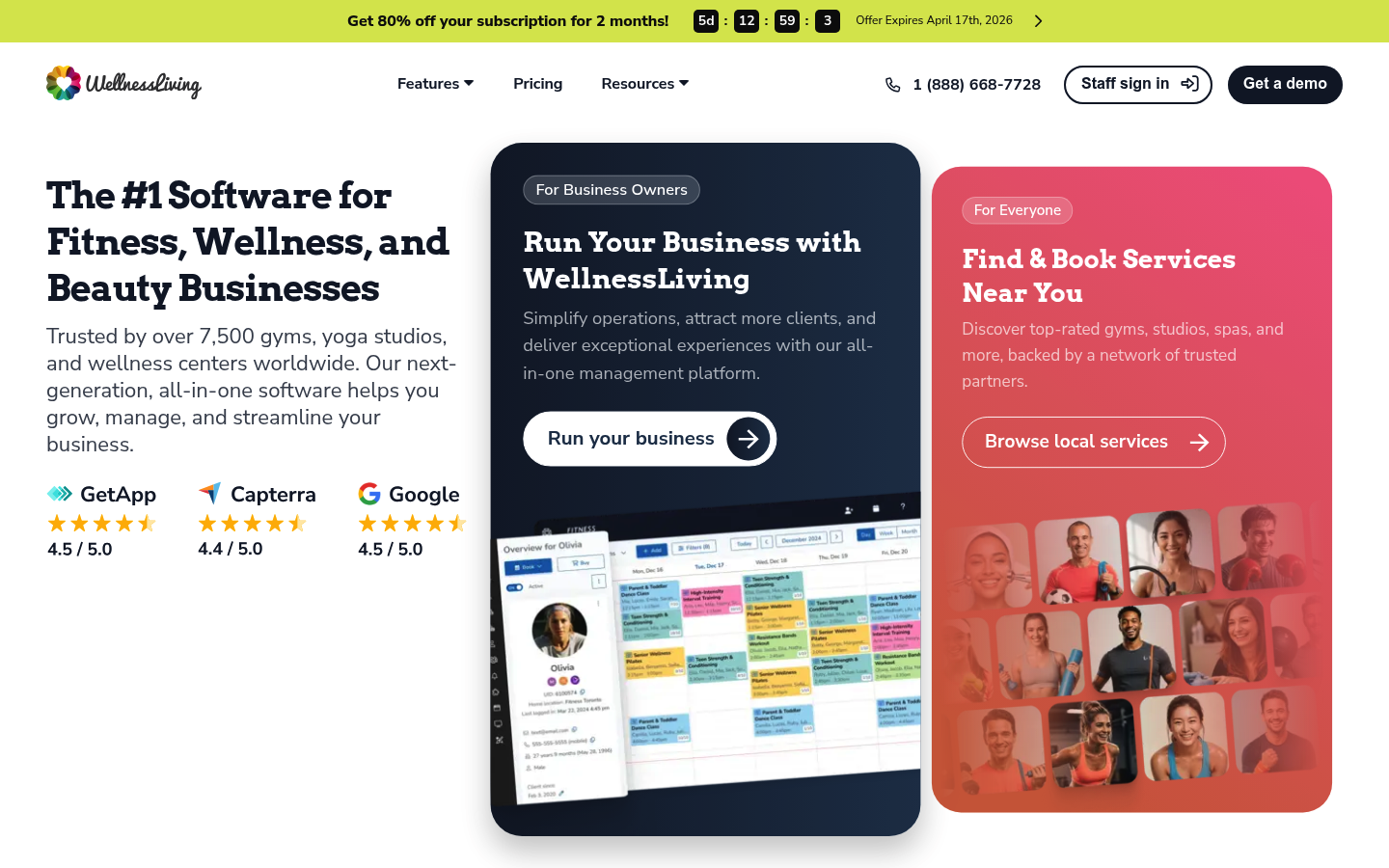 WellnessLiving website homepage showing its business management platform for fitness and wellness